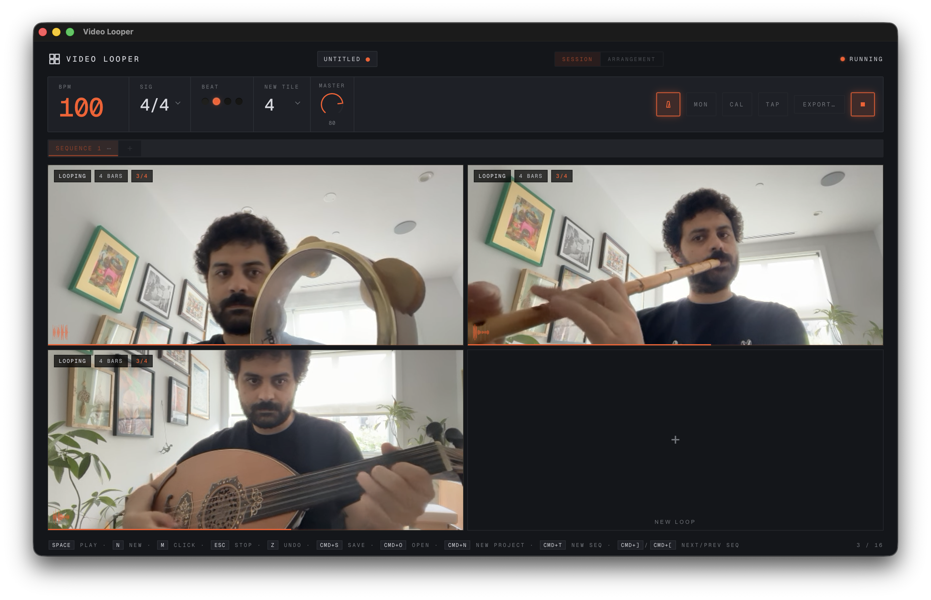 Video Looper — three video loops running in the grid